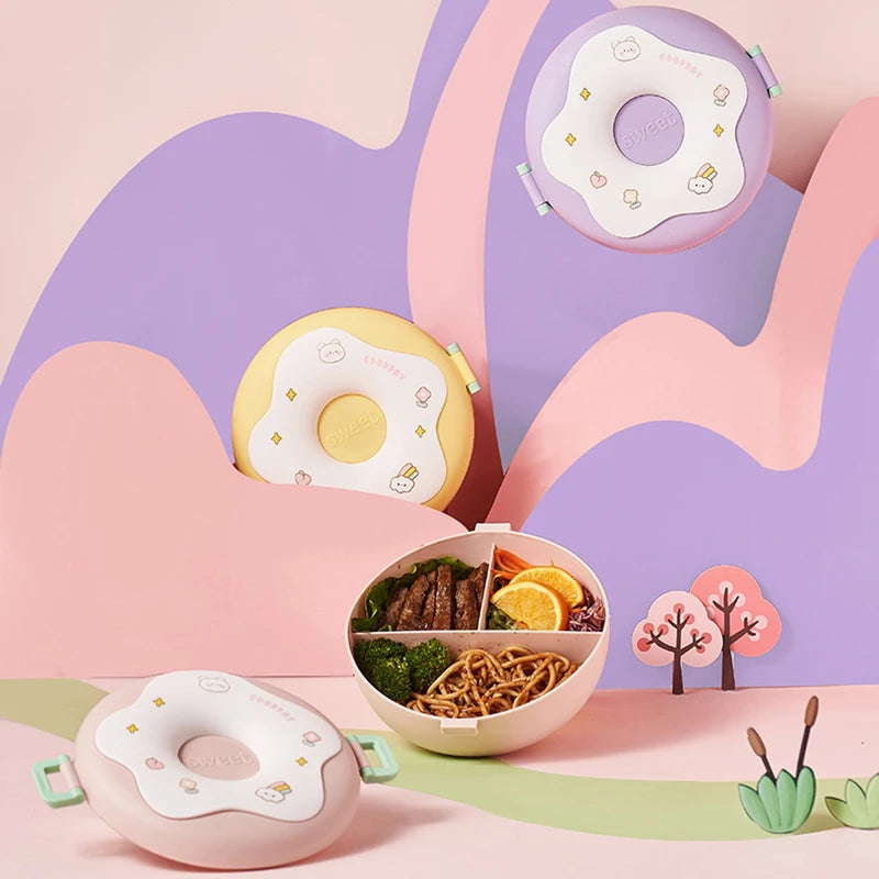 Children's kawaii lunch set with donut-shaped lid on a colorful background
