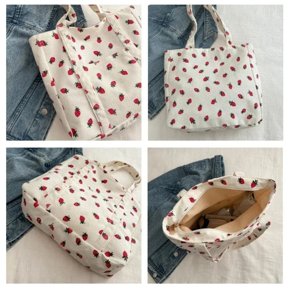 Collage of a white tote bag with red kawaii strawberry pattern on a denim background