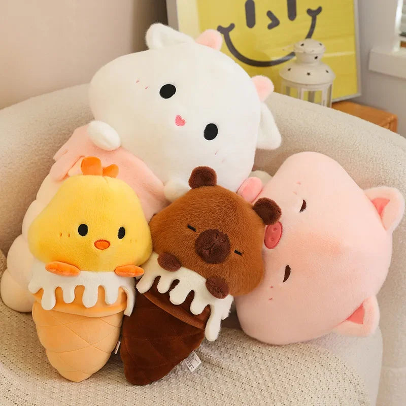 Set of cute kawaii plush toys including a bear, ice cream, and pig on a soft surface.