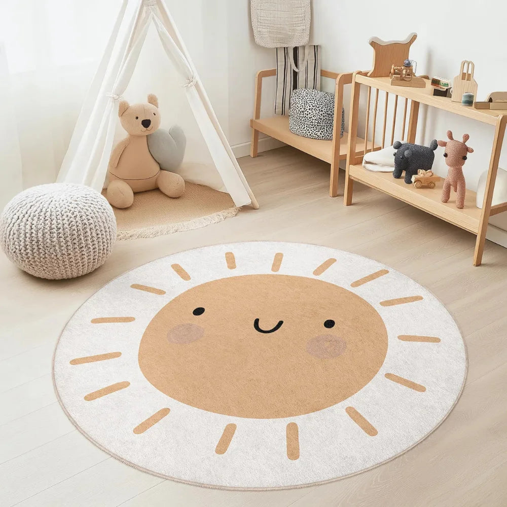Round sun-shaped kawaii rug in a child's room with toys and furniture.