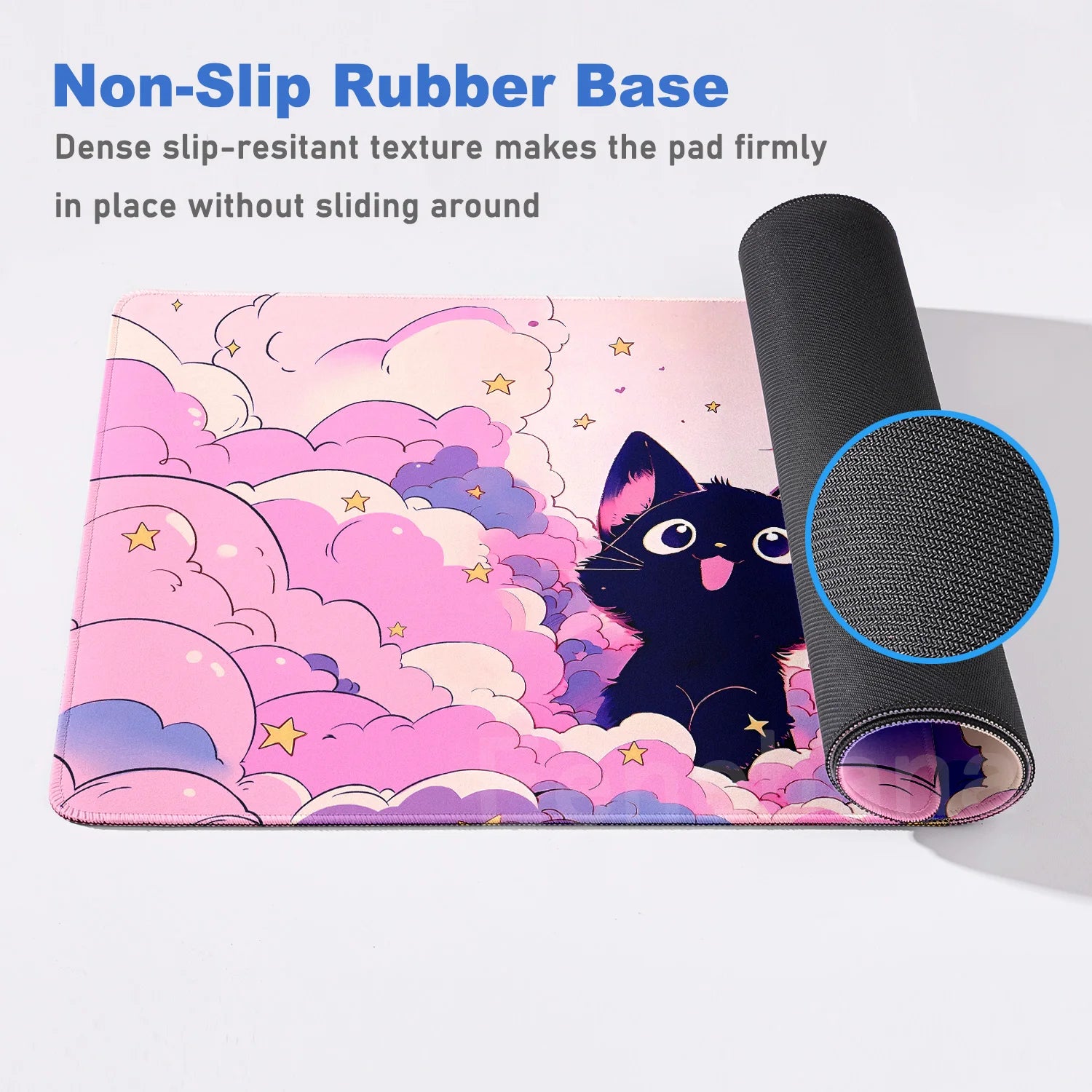Laptop pad with Kawaii cartoon cat design and non-slip rubber base feature