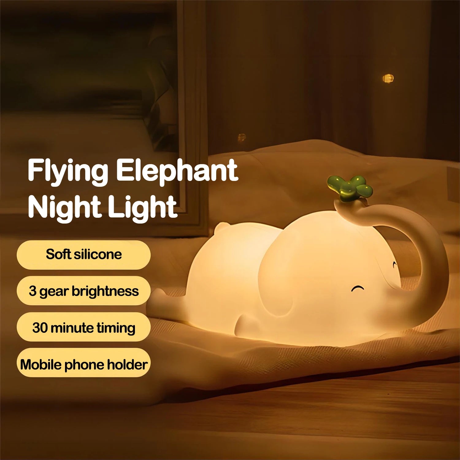 Flying elephant kawaii night light with soft silicone, 3 gear brightness, 30 minute timing, and mobile phone holder features.