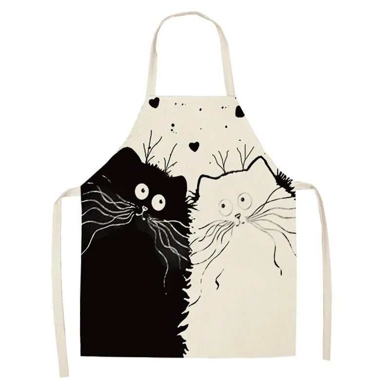 Apron with black and white cat Kawaii design on a beige background
