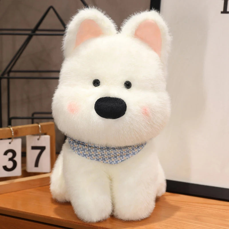 White kawaii plush dog toy with a black nose and blue patterned scarf on a wooden surface.
