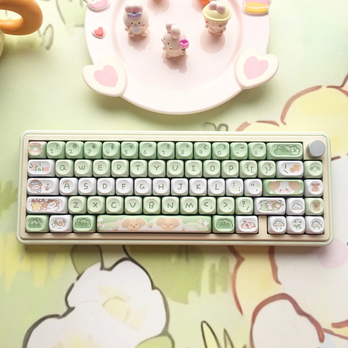 Keyboard with Kawaii keycaps on a decorative surface