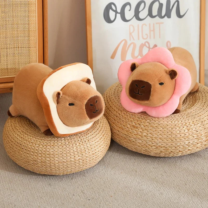 Two kawaii plush toys resembling a bear and a flower on woven stools with a decorative sign in the background.