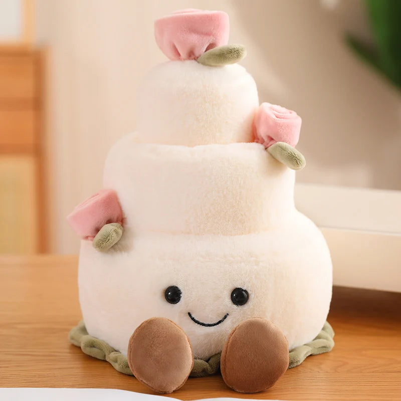 Stacked plush kawaii toys with a smiling face on a wooden surface