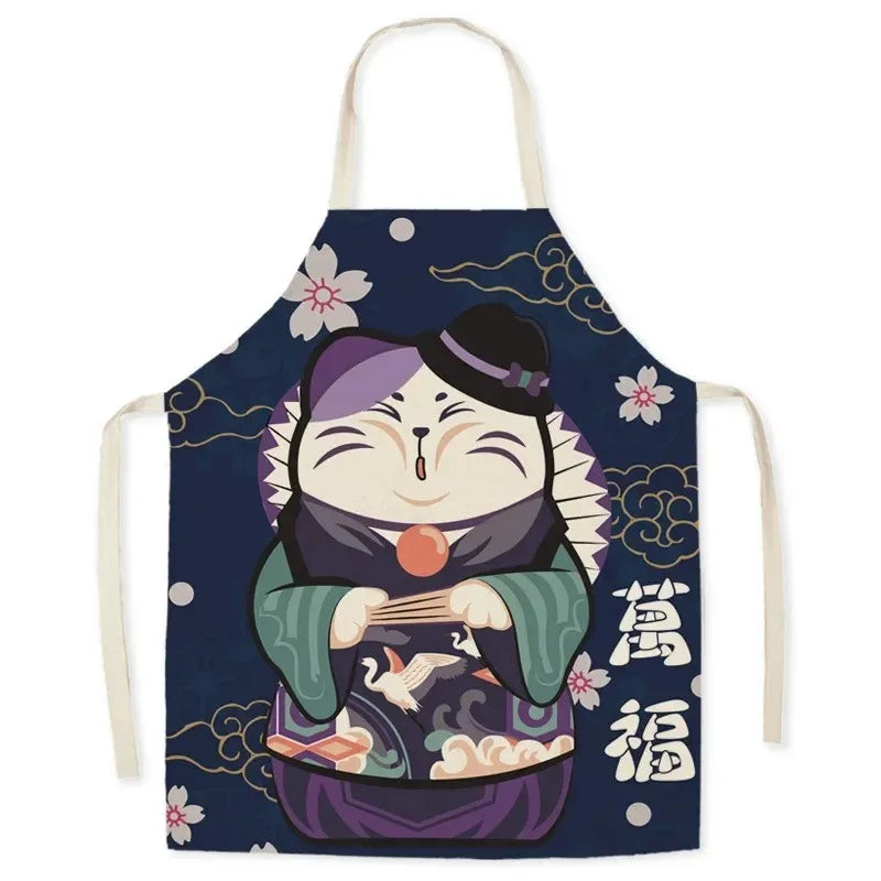 Apron with a Kawaii cartoon cat design on a blue background