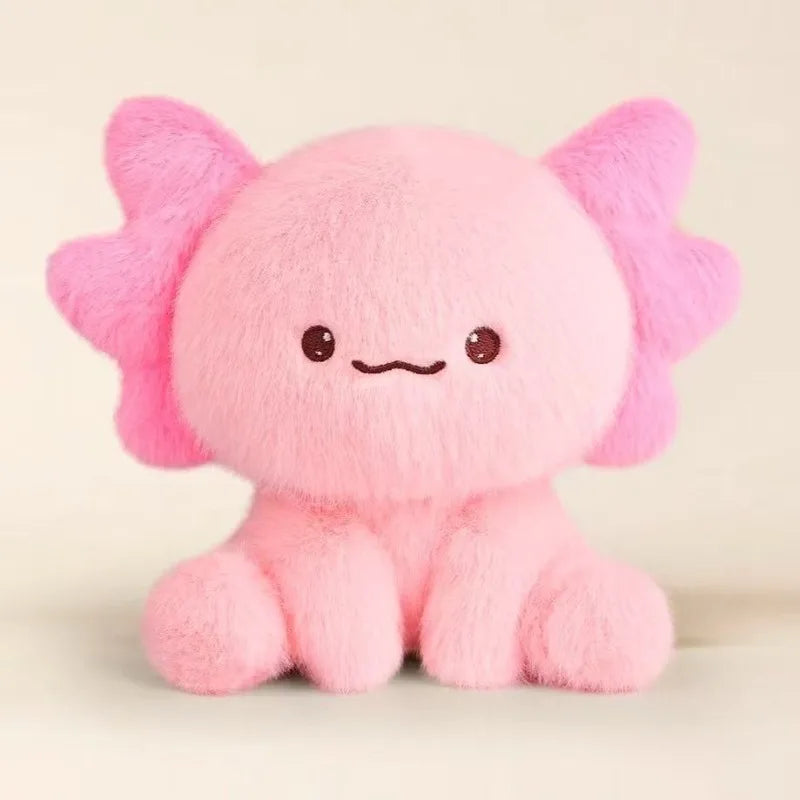 Pink kawaii plush toy with a smiling face on a beige background