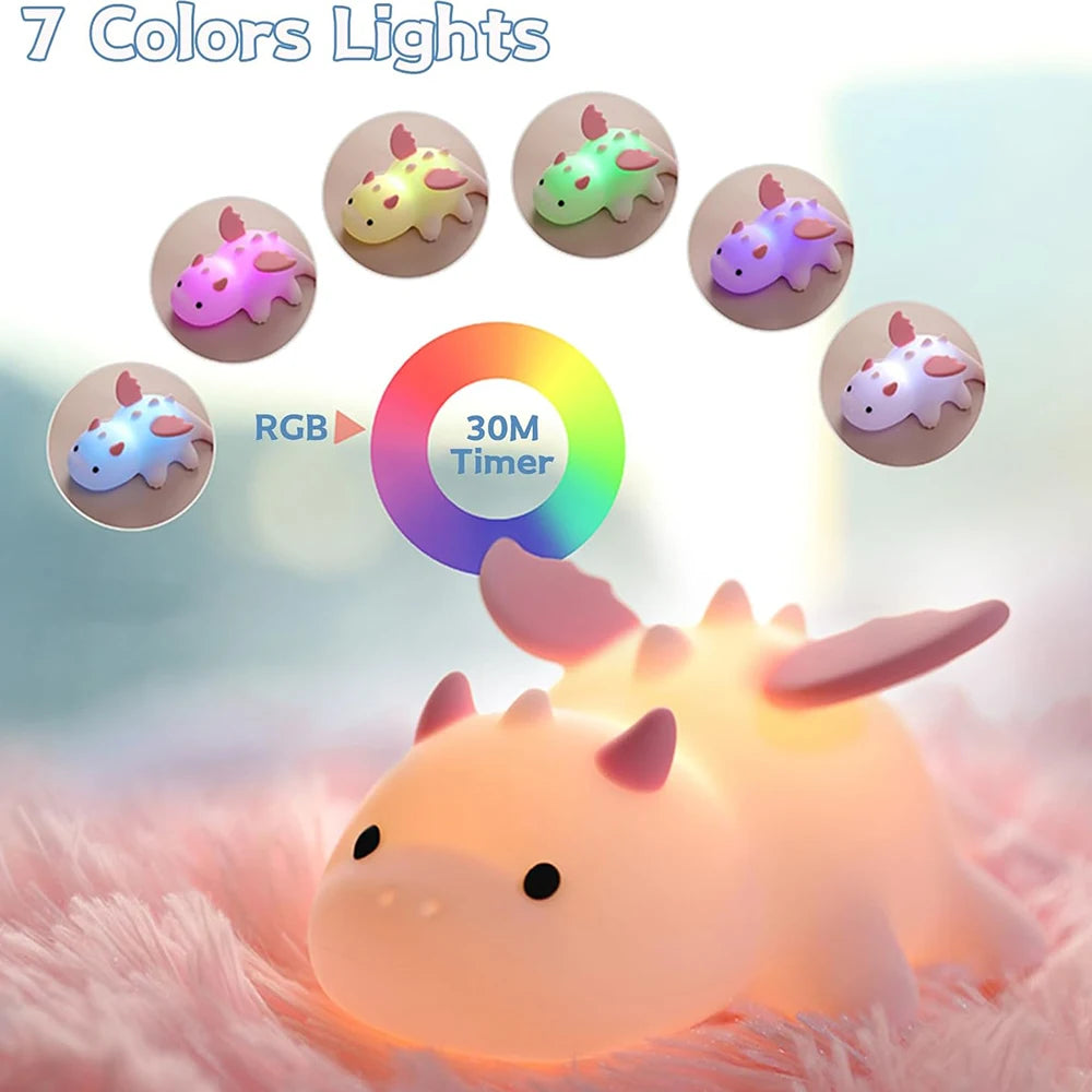 Unicorn-shaped kawaii night light with 7 colors and timer feature on a soft background