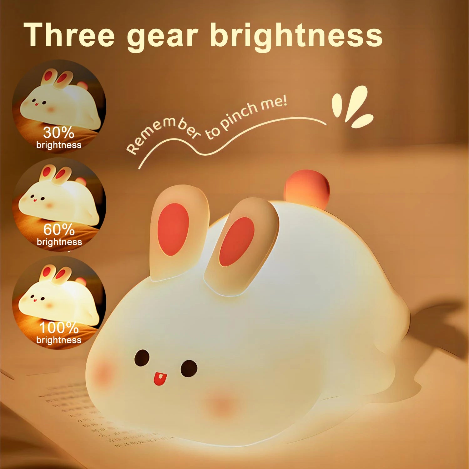 Cute kawaii rabbit-shaped night light with three brightness levels indicated.