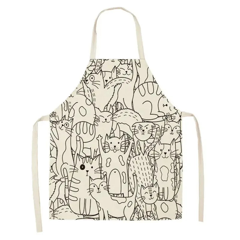 Beige Kawaii apron with black line art cat pattern on a white background