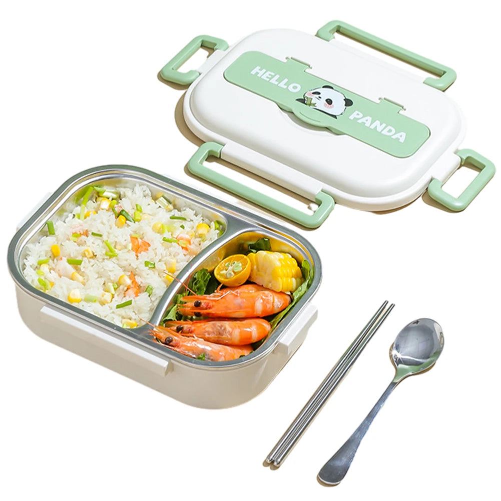 Kawaii lunch box with compartments filled with food, a spoon, and chopsticks on a white background.