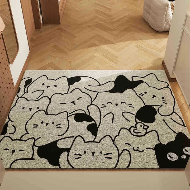 Doormat with Kawaii cat pattern on a wooden floor