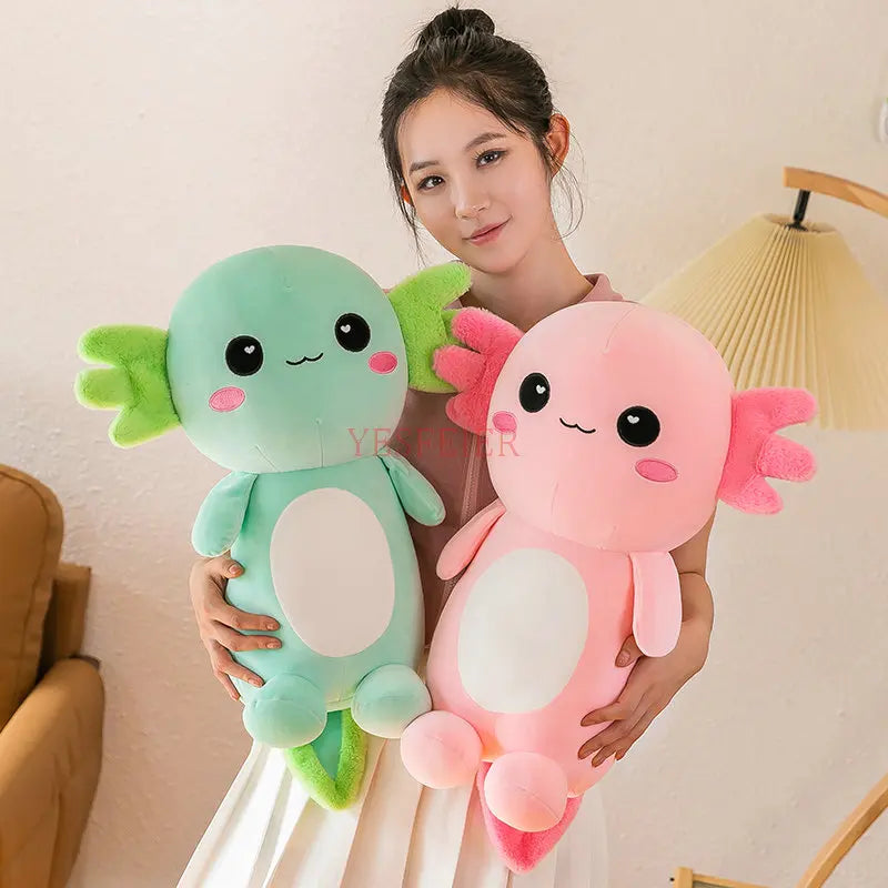 Woman holding two axolotl kawaii plush toys in a living room setting