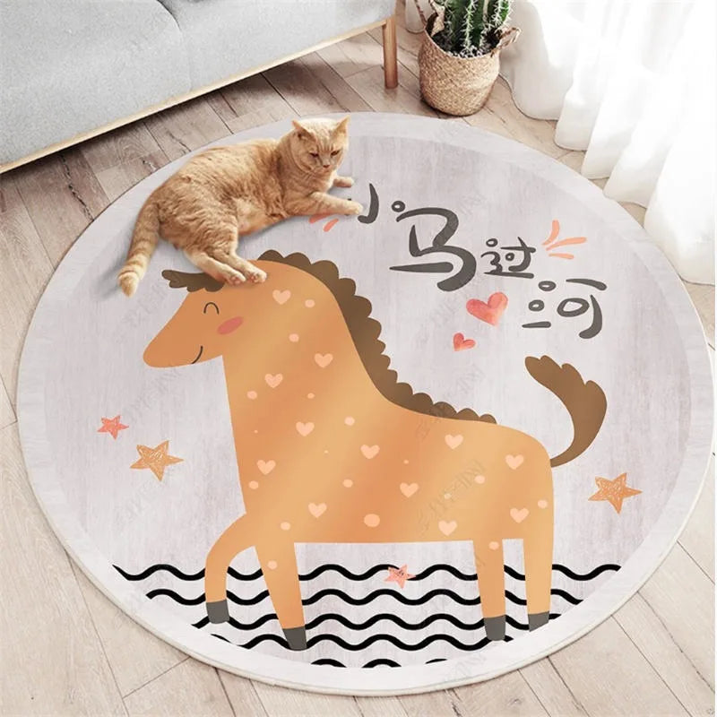 Round kawaii rug with a horse design and a cat lying on it, in a room setting.