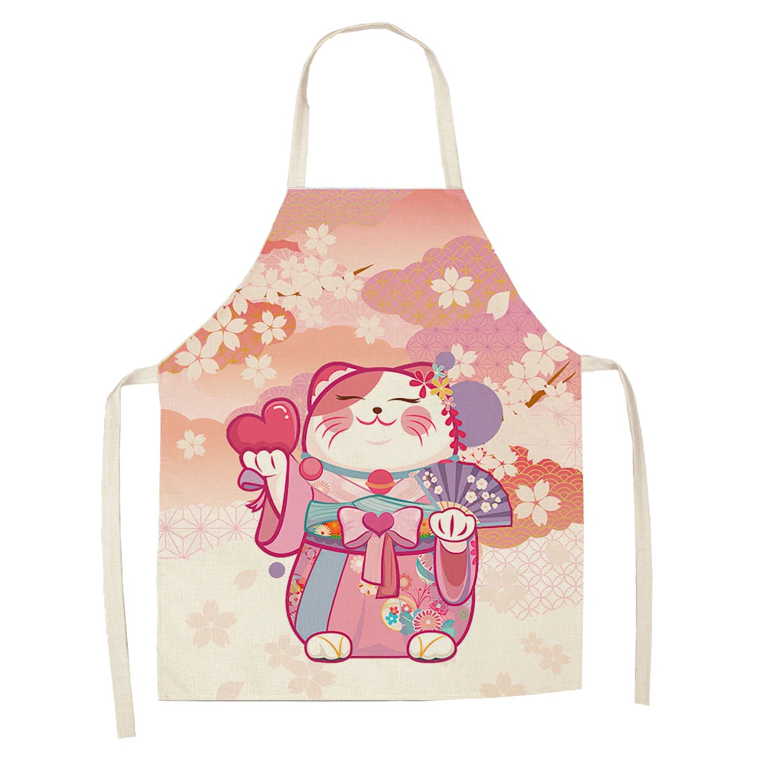 Apron with a cartoon cat Kawaii design holding a heart, on a white background