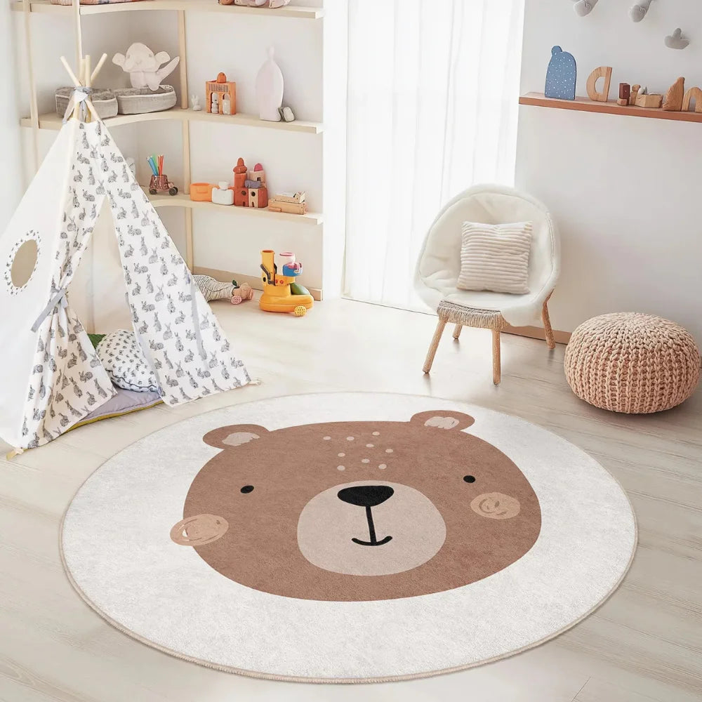 Children's room with a bear-themed kawaii rug on a wooden floor, surrounded by toys and furniture.