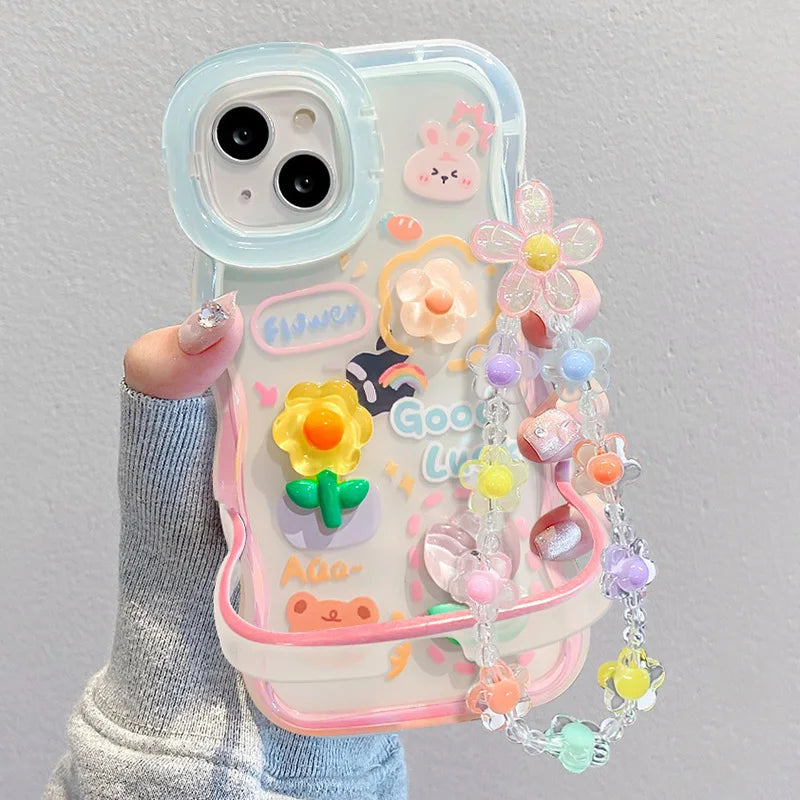 Phone case with kawaii floral designs and decorative elements on a gray background