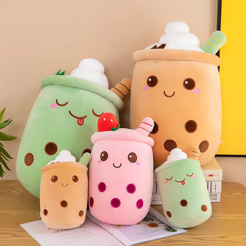 A collection of kawaii plushies in the shape of boba tea