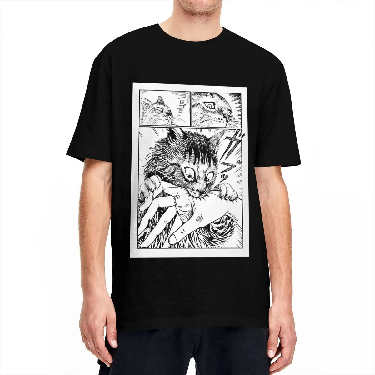 Black t-shirt with a kawaii graphic of a cat and hand holding a tattoo design on a white background