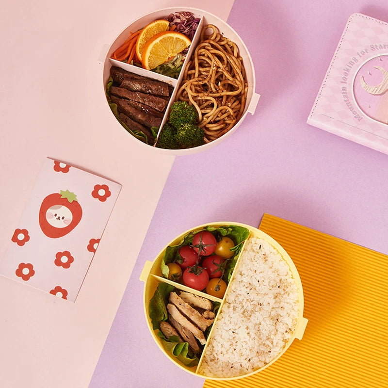 Two kawaii bento boxes with food compartments on a pink surface