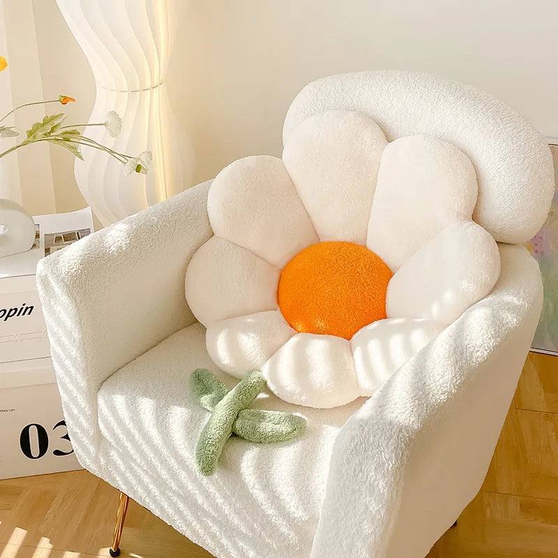 Kawaii flower-shaped cushion on a white chair with a soft texture