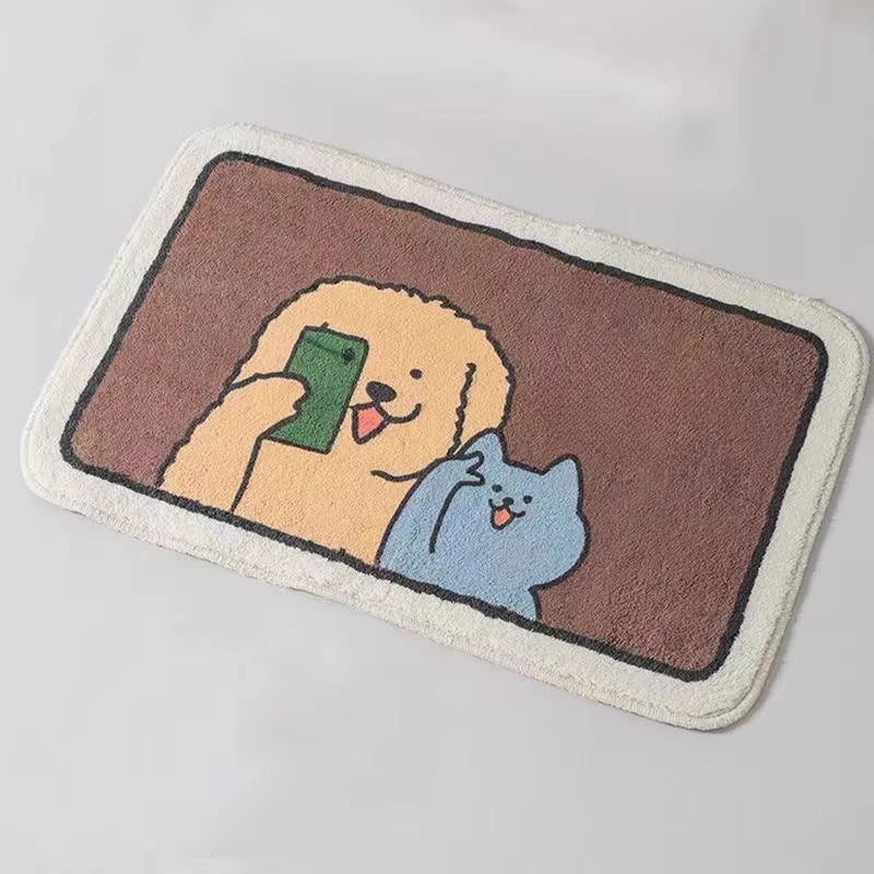 Kawaii doormat with cartoon design of a dog and cat taking a selfie on a gray background