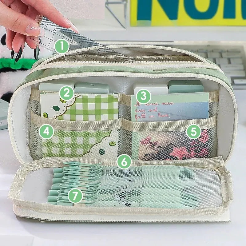 Kawaii pouch with compartments labeled, containing stationery items on a white surface.