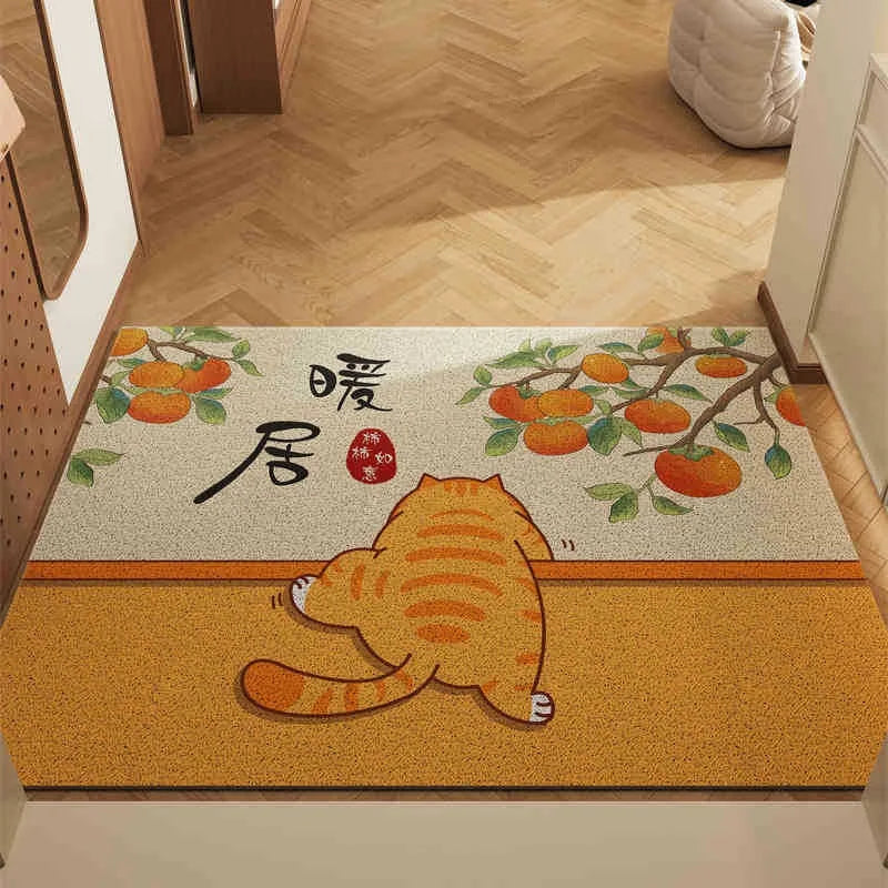 Decorative doormat with a Kawaii cat and tangerine tree design on a wooden floor.