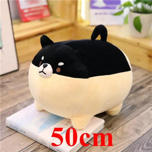Plush kawaii toy shaped like a dog on a wooden surface with '50cm' text