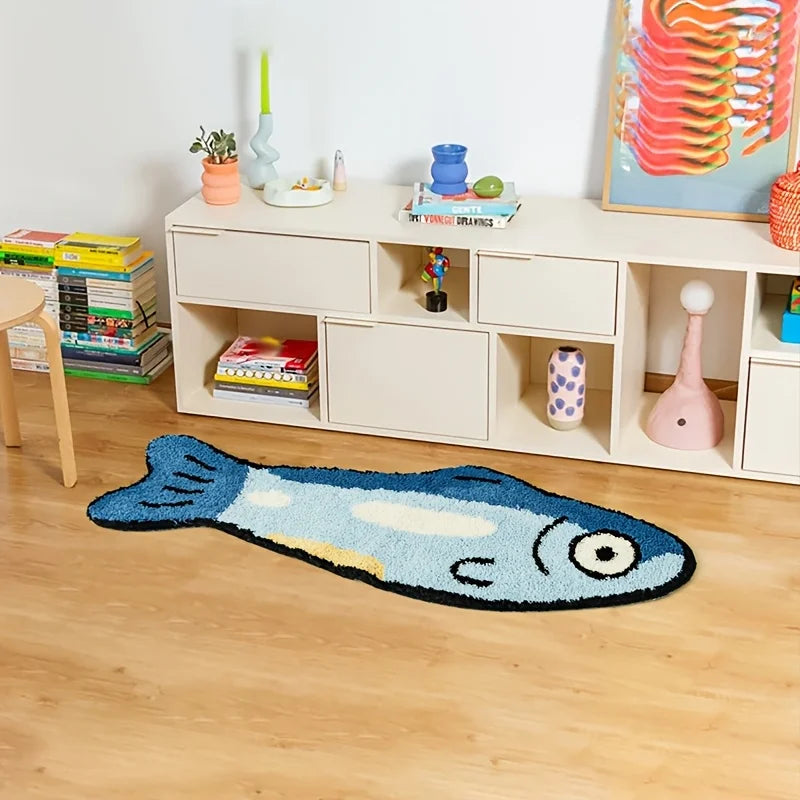Fish-shaped kawaii rug on a wooden floor in a room with shelves and books.