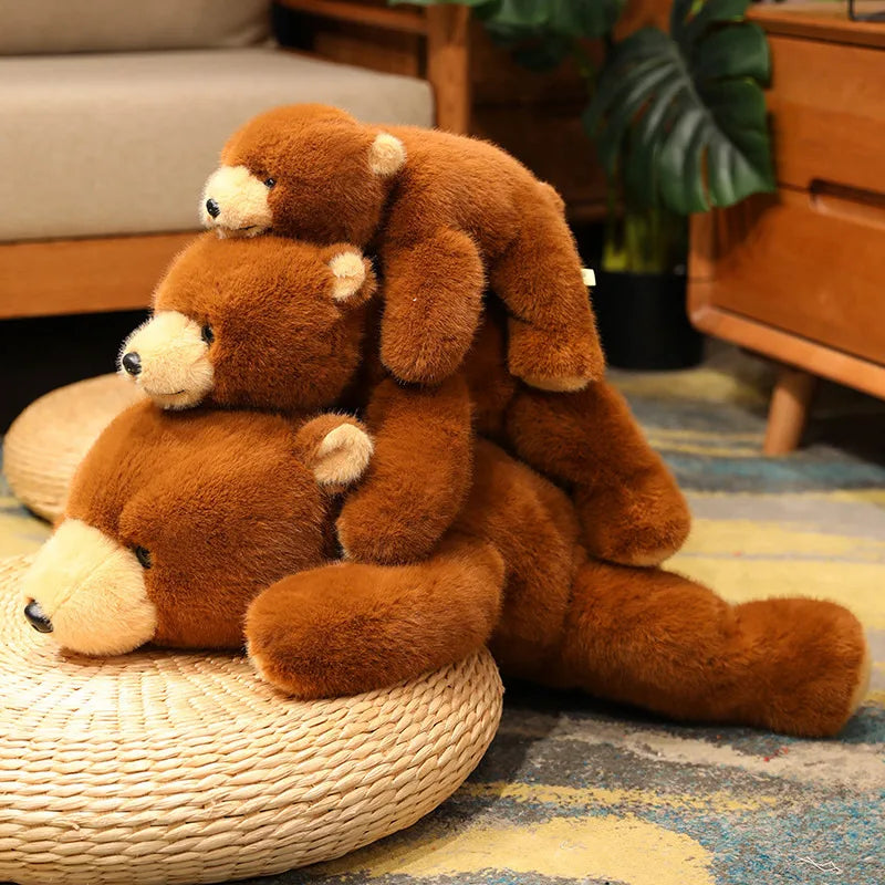 Stack of kawaii brown teddy bears on a woven stool in a home setting