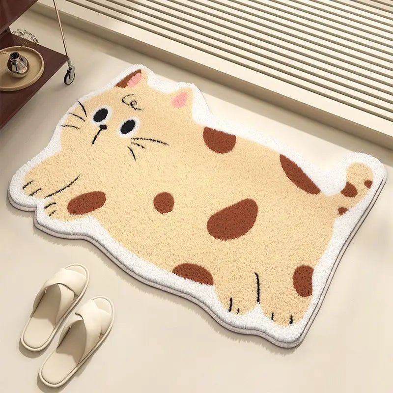 Kawaii cat-shaped rug on a light-colored floor with white slippers nearby