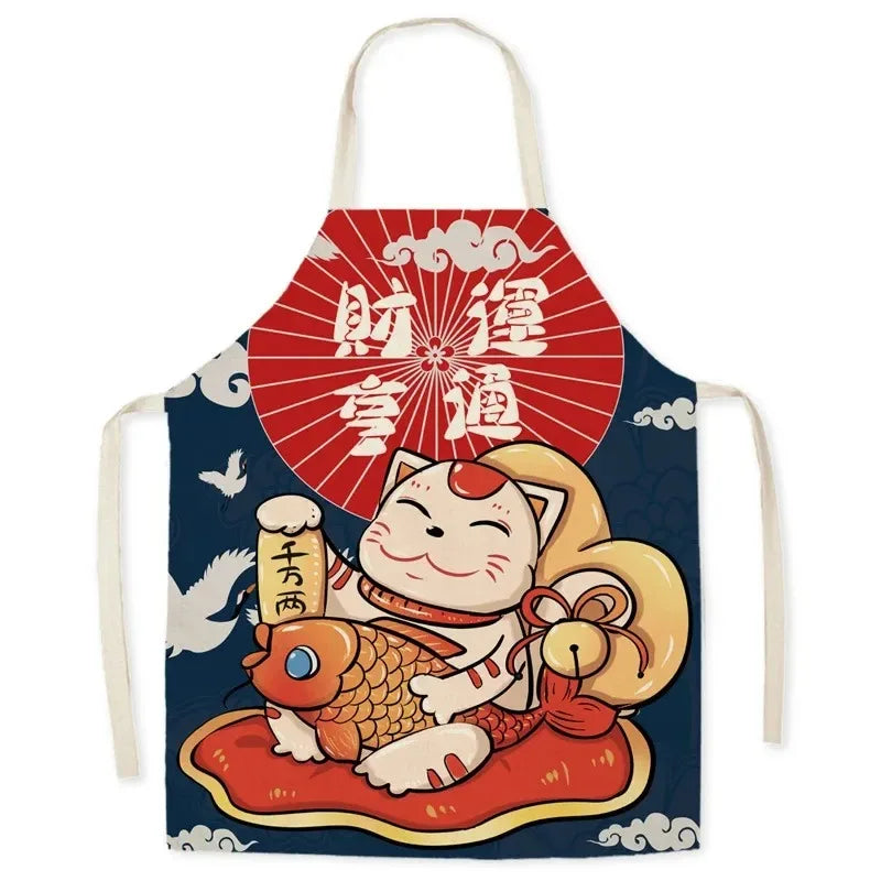 Apron with a Kawaii cartoon cat and fish design on a blue background