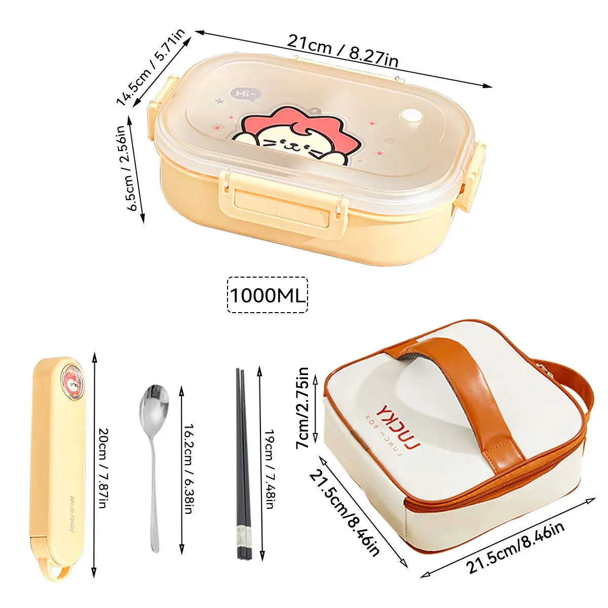 Kawaii lunch box set with dimensions and accessories on a white background