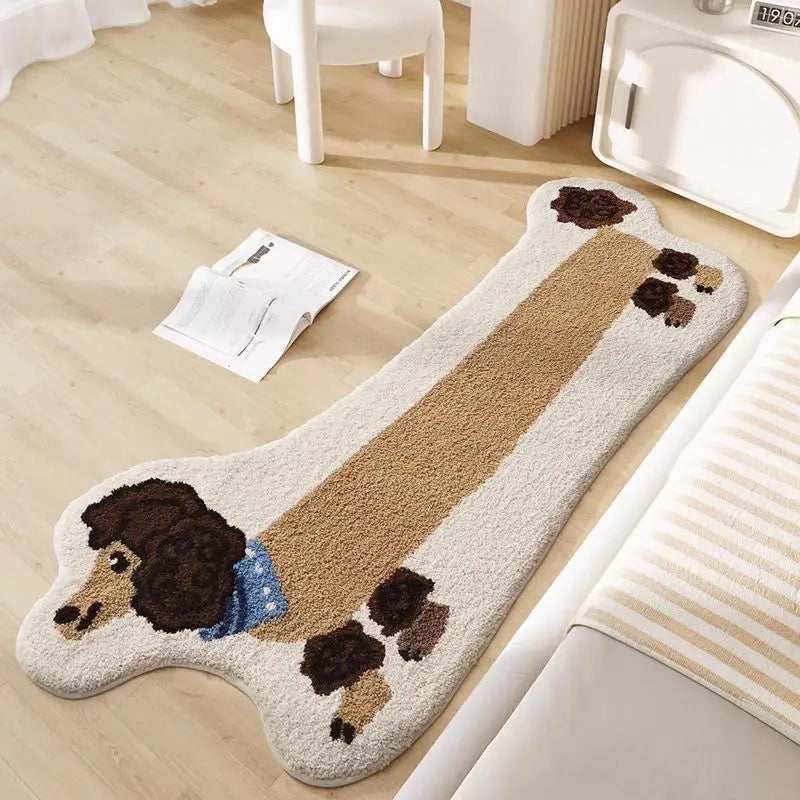 Dog bone-shaped kawaii rug on a wooden floor with a white chair and white container in the background.