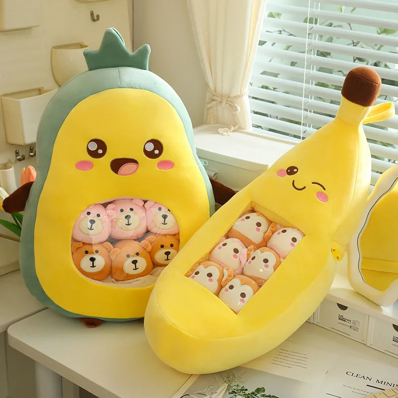 Two kawaii plush toys shaped like an avocado and a banana with bear faces inside, on a table.