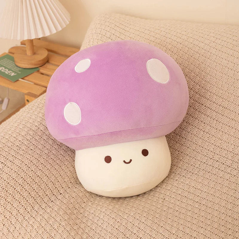 Cute kawaii plush mushroom toy with a purple cap on a beige surface