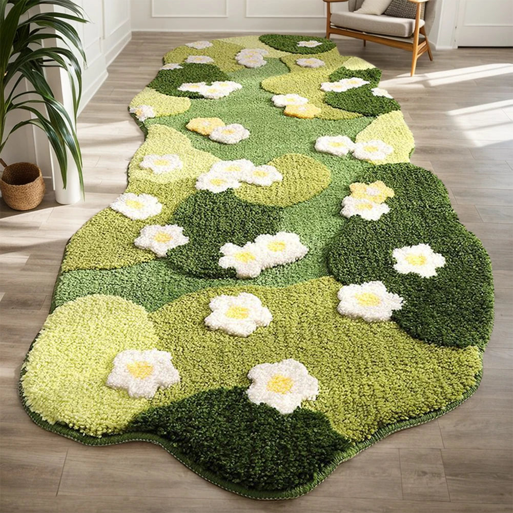 Green kawaii floral rug with white flowers on a wooden floor