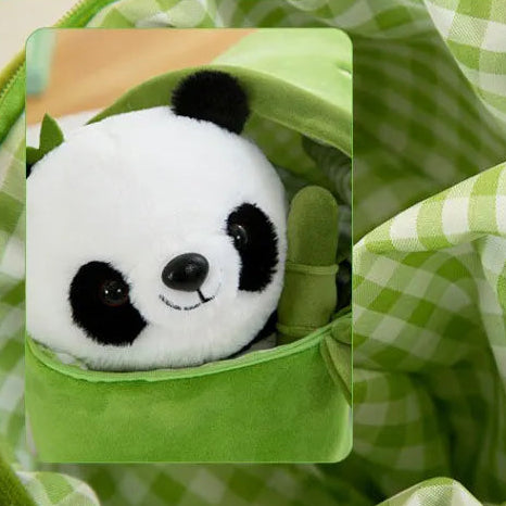 Plush kawaii panda toy peeking out from a green fabric pocket with a checkered background.