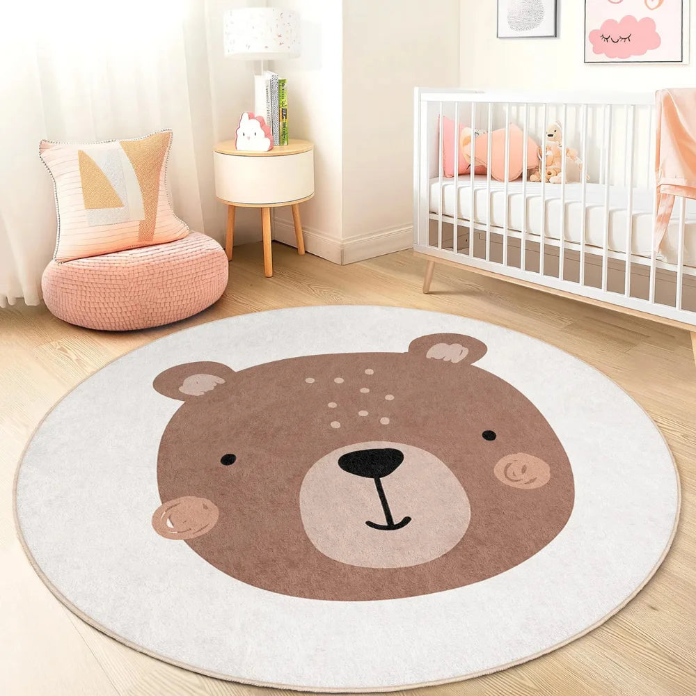 Round bear kawaii rug in a child's room with a crib and side table.