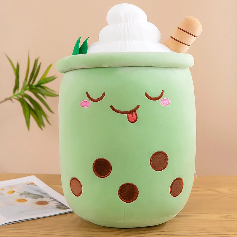 Green kawaii plush toy in the shape of boba tea