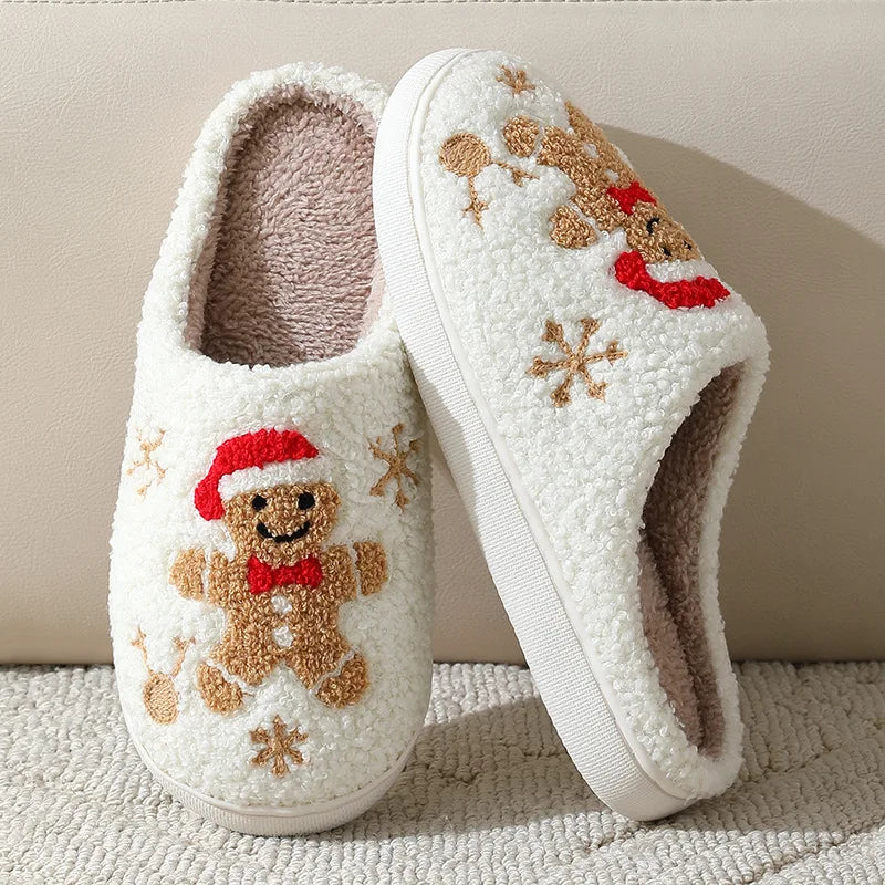 Pair of white kawaii slippers with gingerbread man design on a neutral background