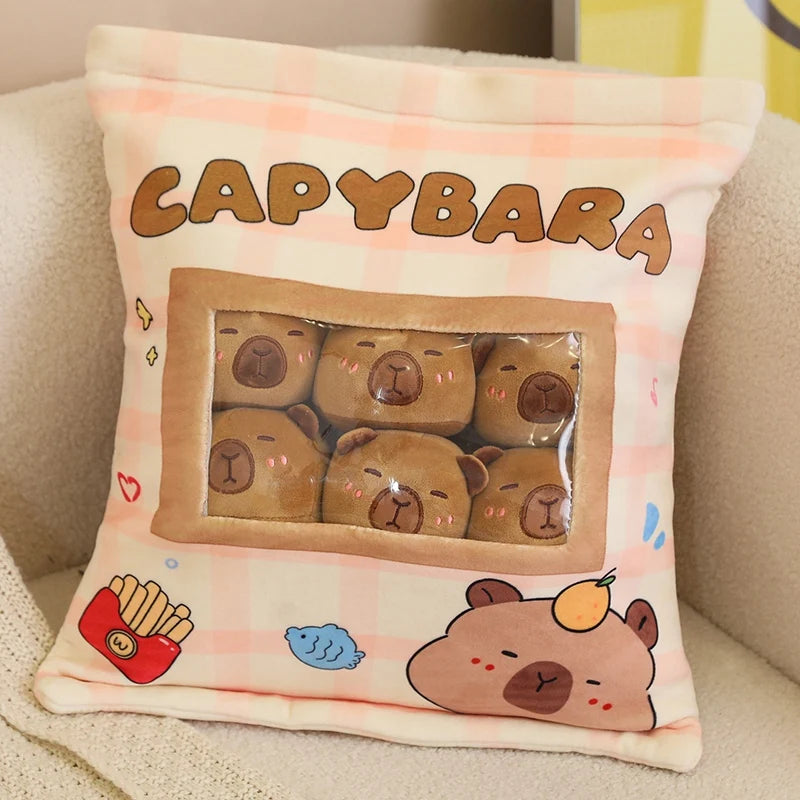 Capybara-themed kawaii pillow with cartoon capybaras and text on a beige background