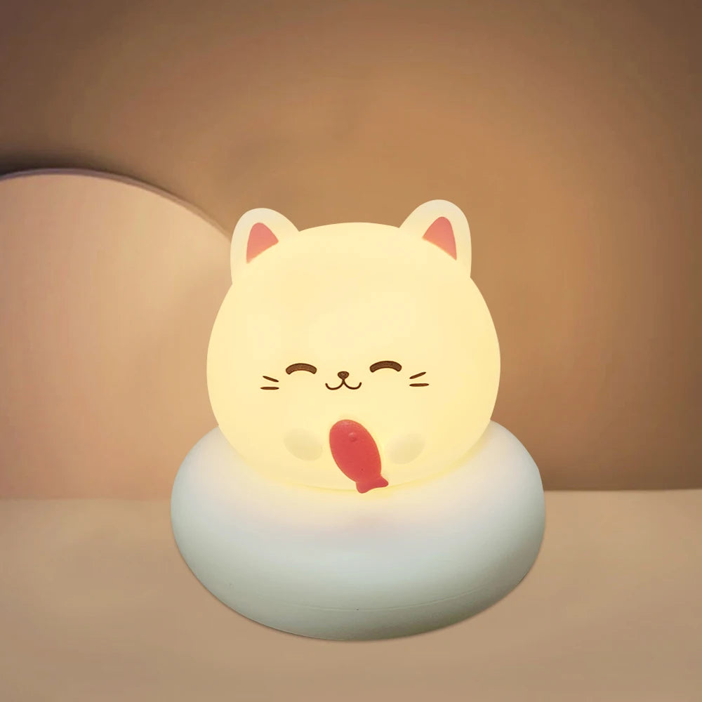 Cat-shaped night light with a kawaii smiling face on a beige background