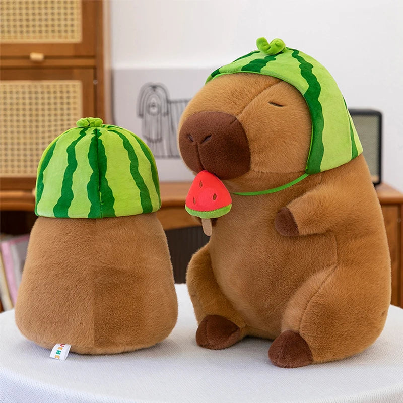 Two kawaii plush toys resembling a bear and a watermelon, with the bear wearing a watermelon hat.