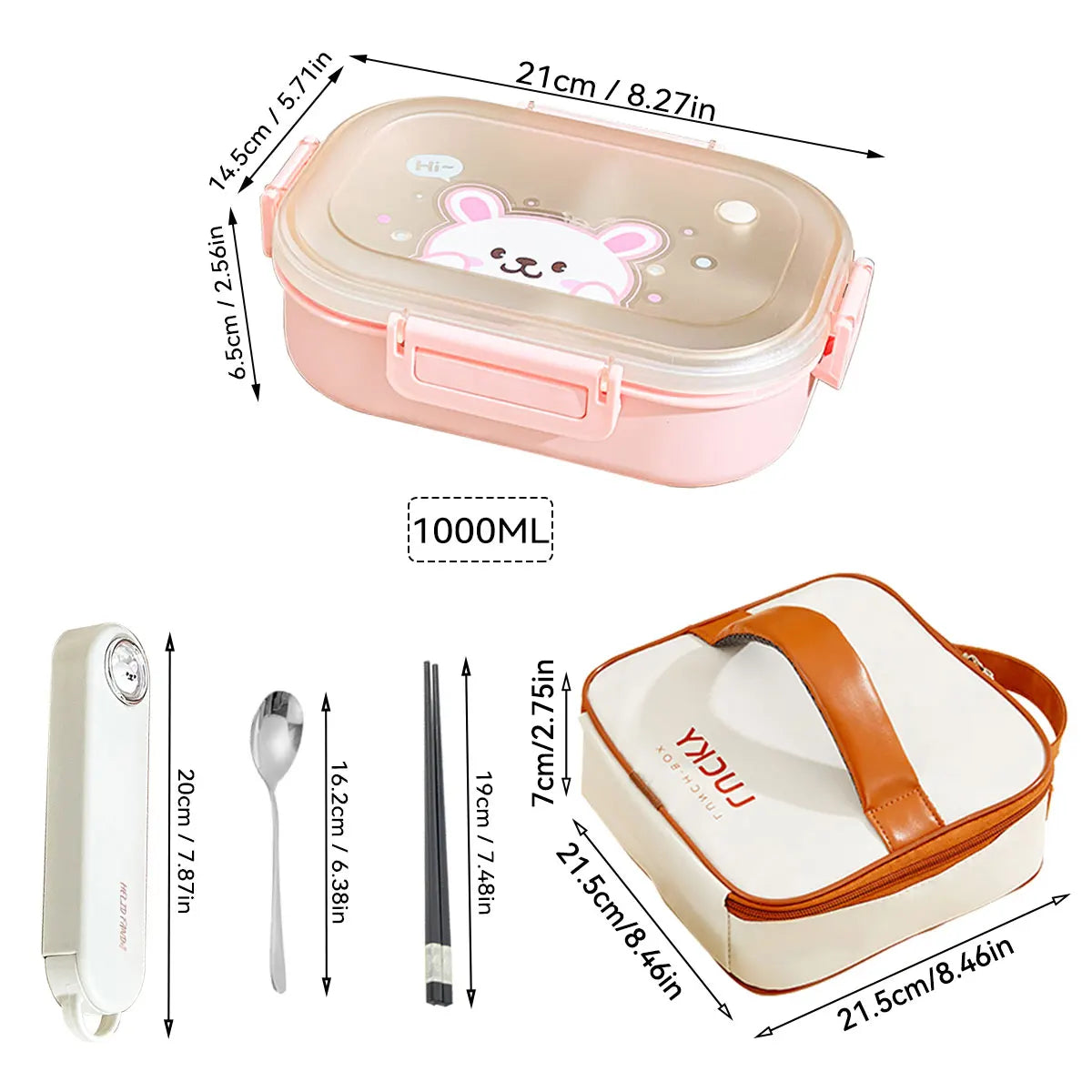 Cute kawaii bento box with measurements and accessories on a white background