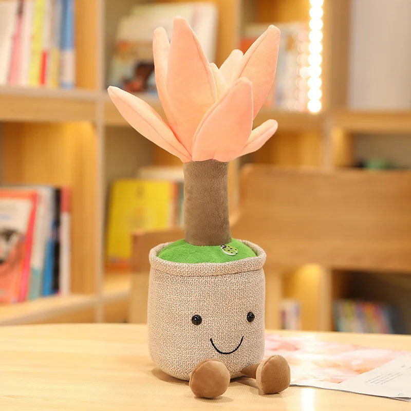 Plush kawaii toy flower with a smiling face on a wooden surface with a bookshelf in the background
