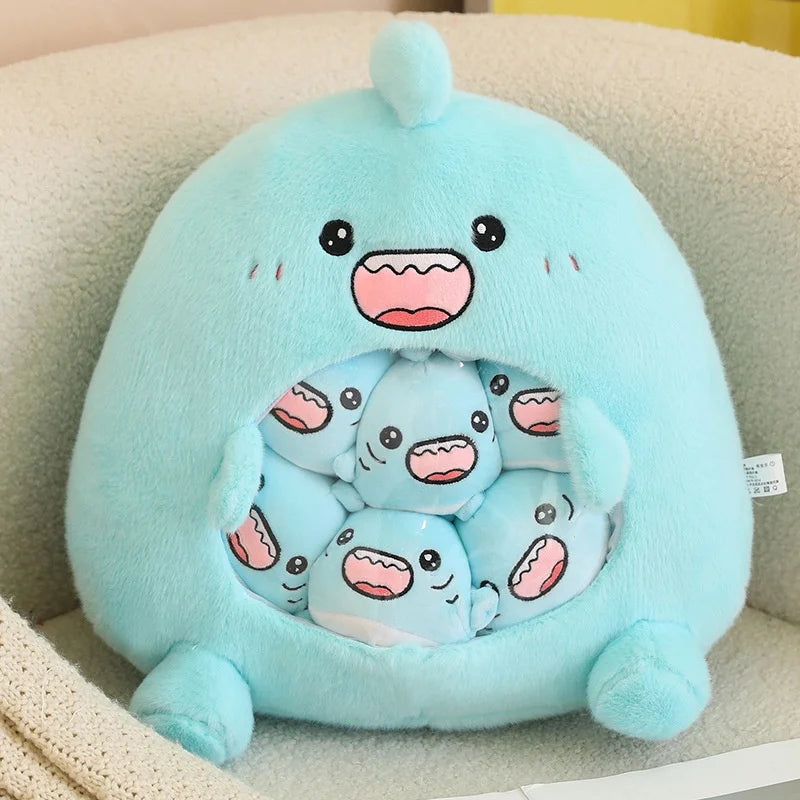 Cute blue kawaii plush toy with a face on a beige surface